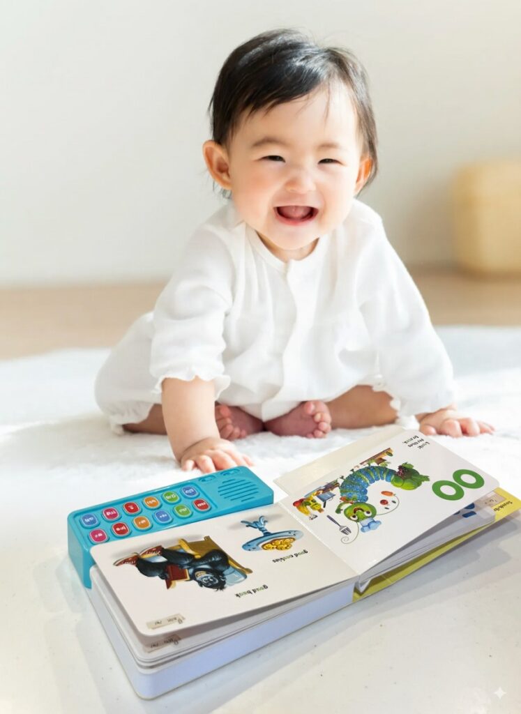 この画像は赤ちゃんが英語デビューBOXのサウンドBOOKで遊ぶ時をイメージするための画像