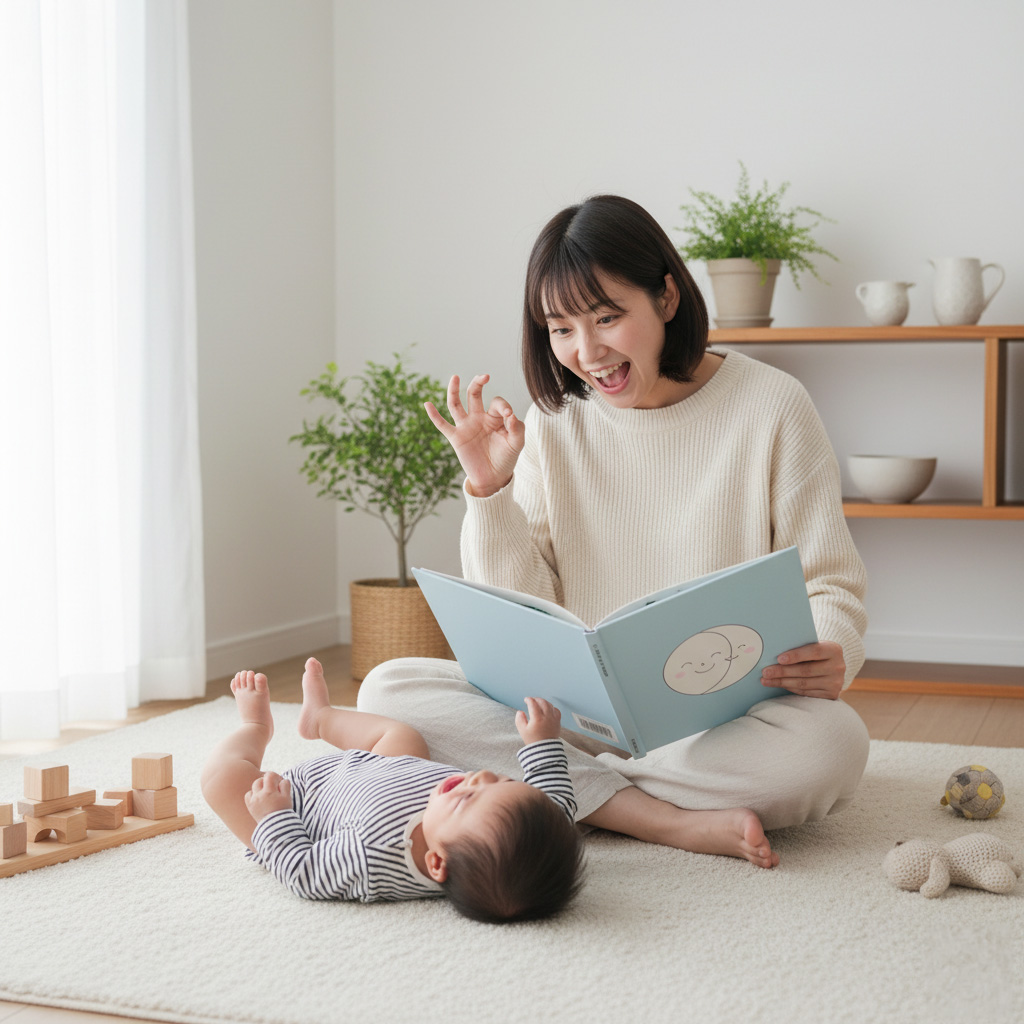 英語で絵本の読み聞かせをしている日本人の親御さん